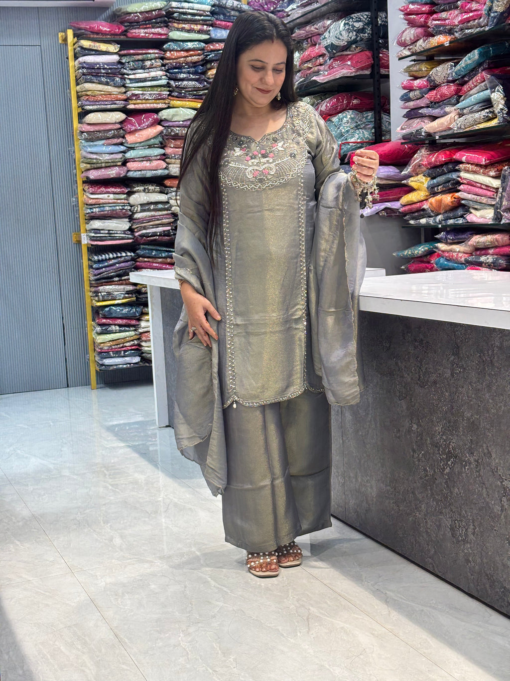 Shimmer Fabric Short Kurti Plazo