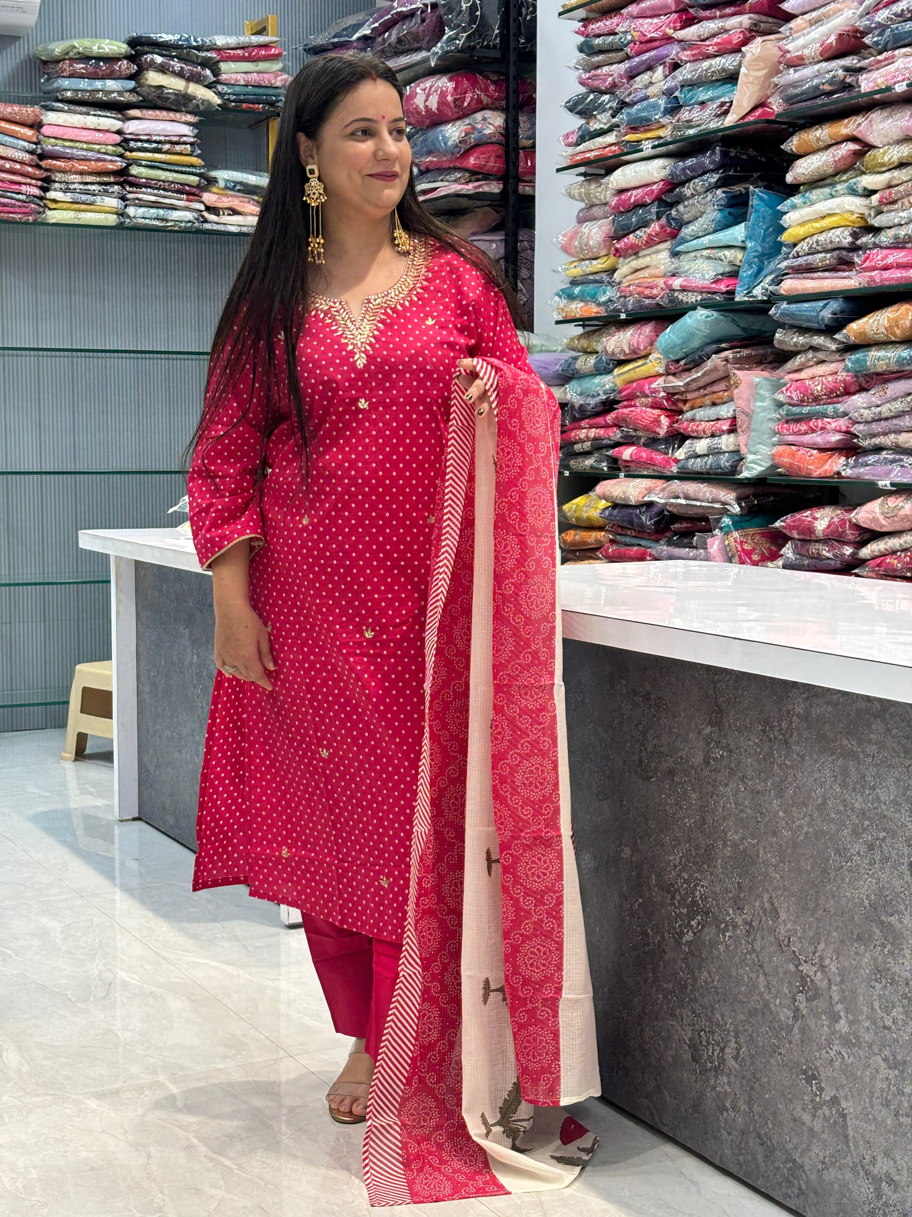 Pure Cotton Bandhani Suit With Kota Doria Dupatta