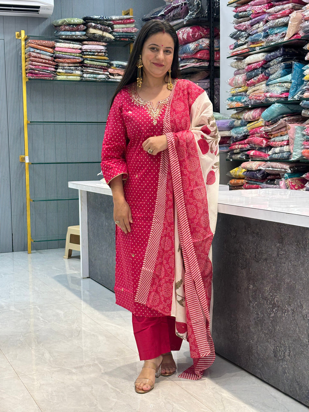 Pure Cotton Bandhani Suit With Kota Doria Dupatta