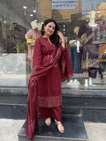 Maroon Embroidered Kurta Pant Dupatta Set