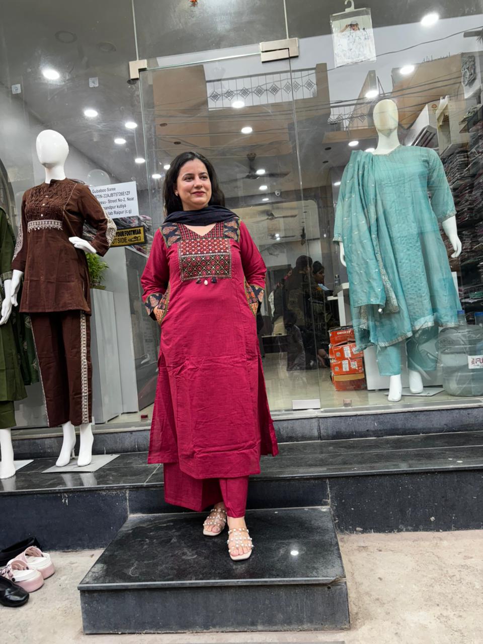 Wine Red Cotton Embroidered Suit Set with Dupatta