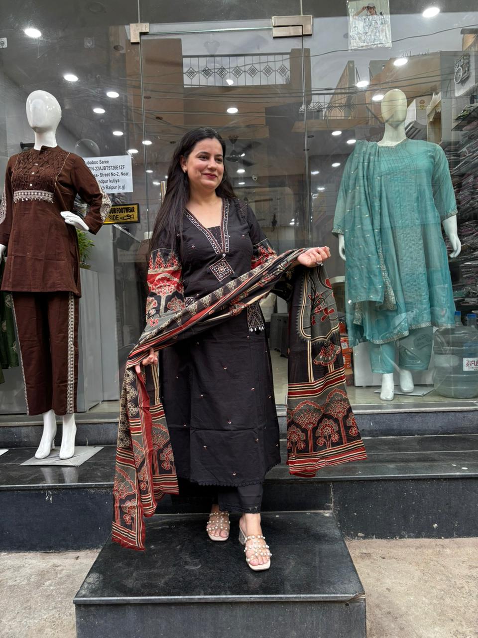 Black Cotton Suit Set with Printed Dupatta