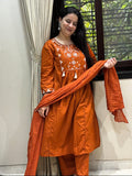 Rust Orange Embroidered Cotton Suit Set