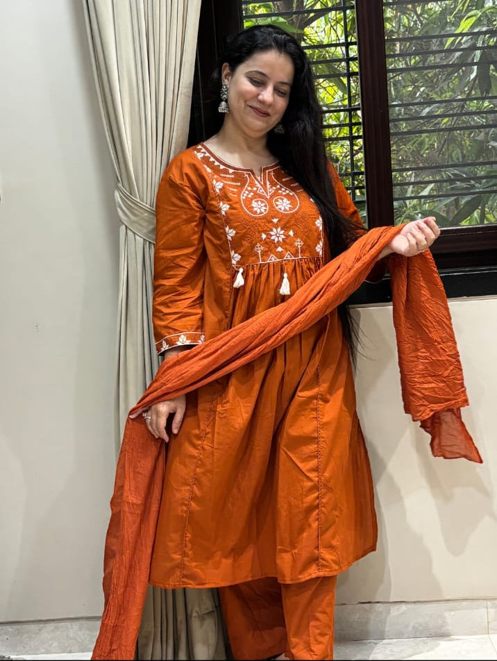 Rust Orange Embroidered Cotton Suit Set