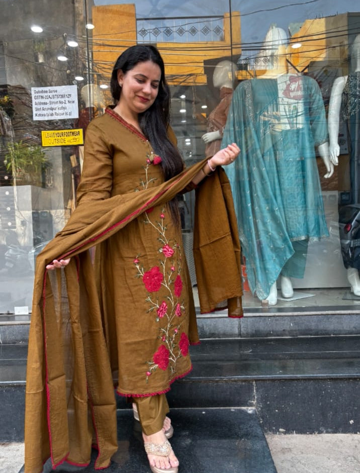 Olive Green Mulmul Cotton Suit Set