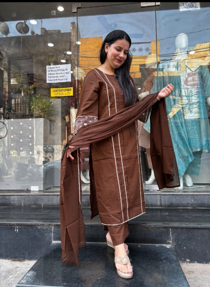 Brown Pure Cotton 3PC Suit Set