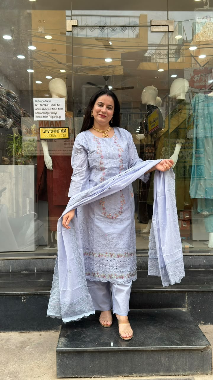 Lavender Cotton Embroidered Suit Set