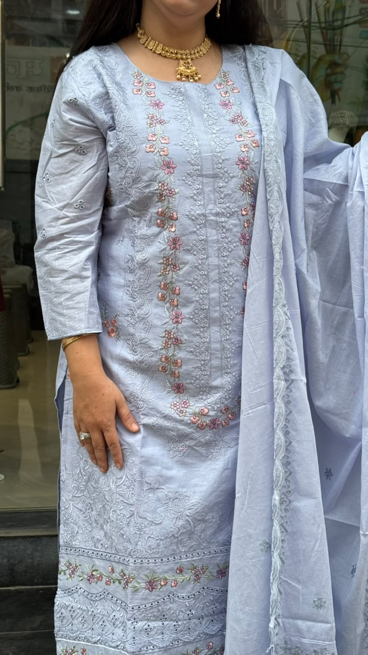 Lavender Cotton Embroidered Suit Set