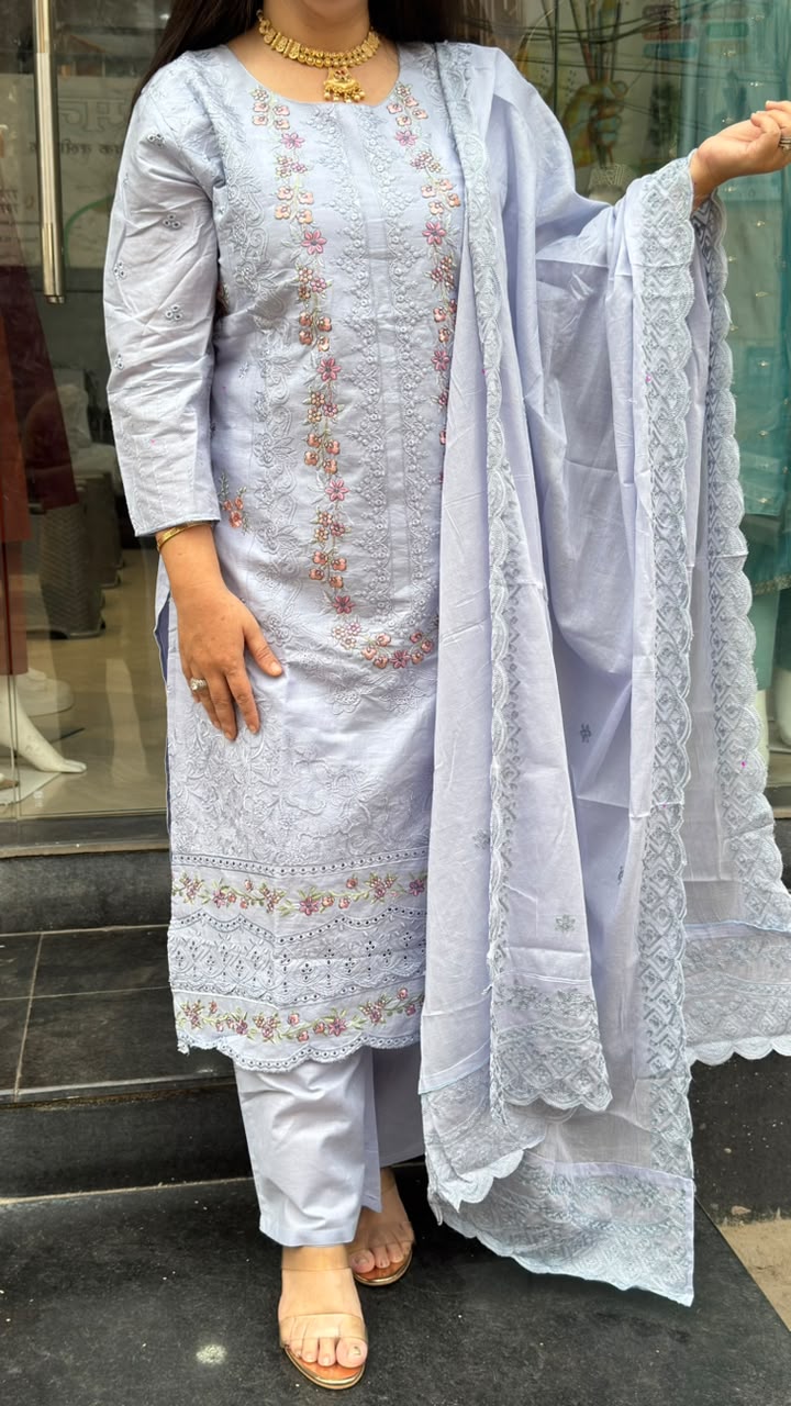 Lavender Cotton Embroidered Suit Set