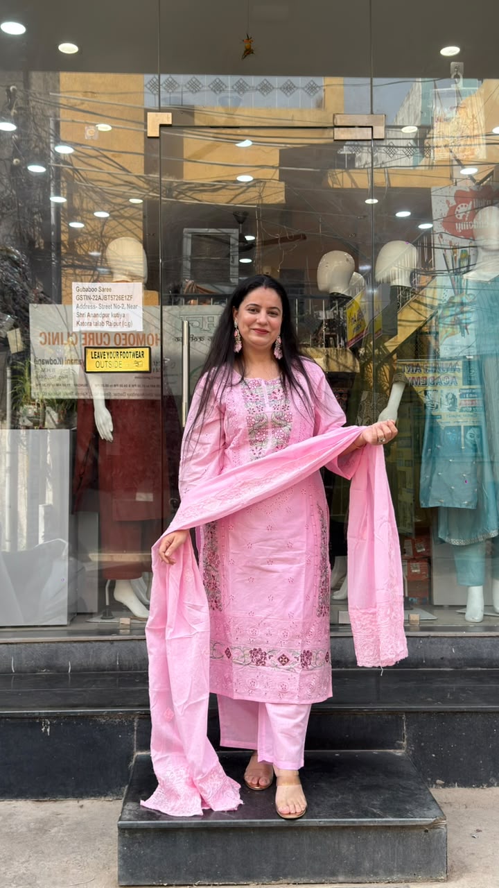 Baby Pink Cotton Embroidered Suit Set