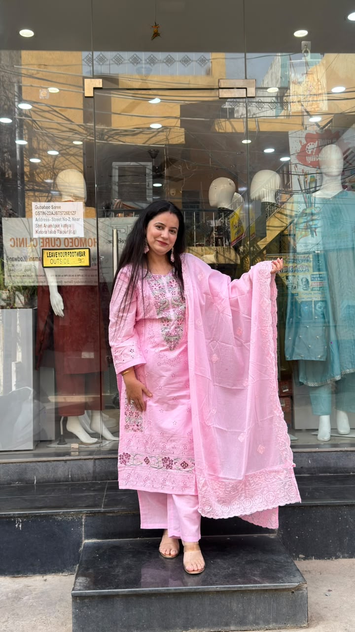 Baby Pink Cotton Embroidered Suit Set