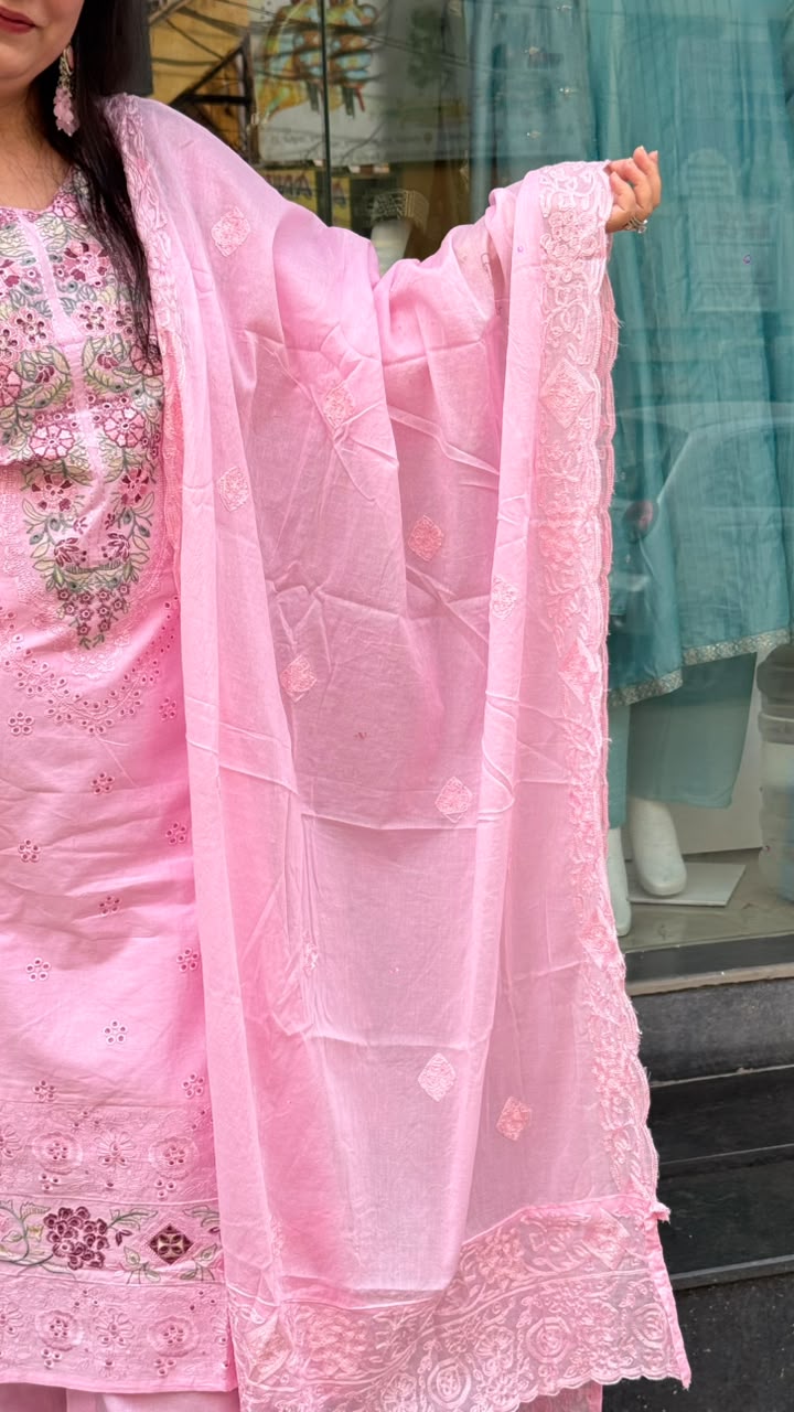 Baby Pink Cotton Embroidered Suit Set