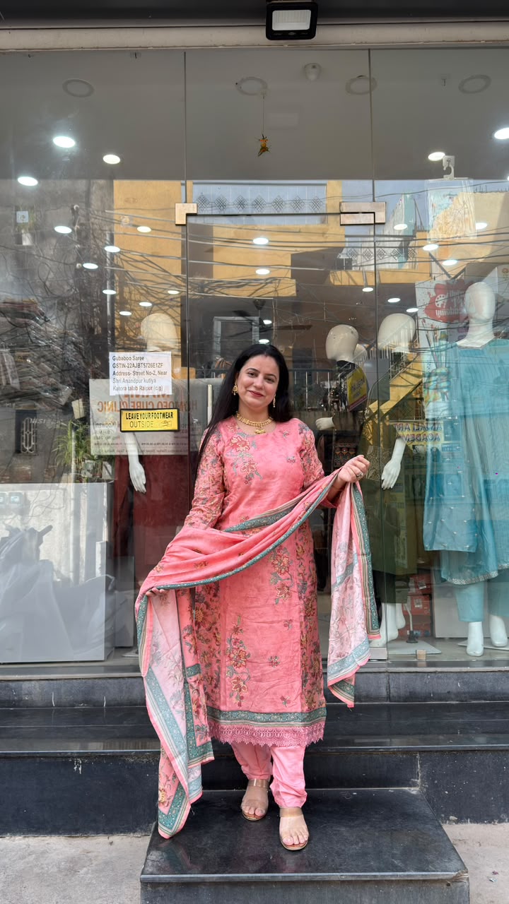 Peach Pink Muslin Floral Suit Set