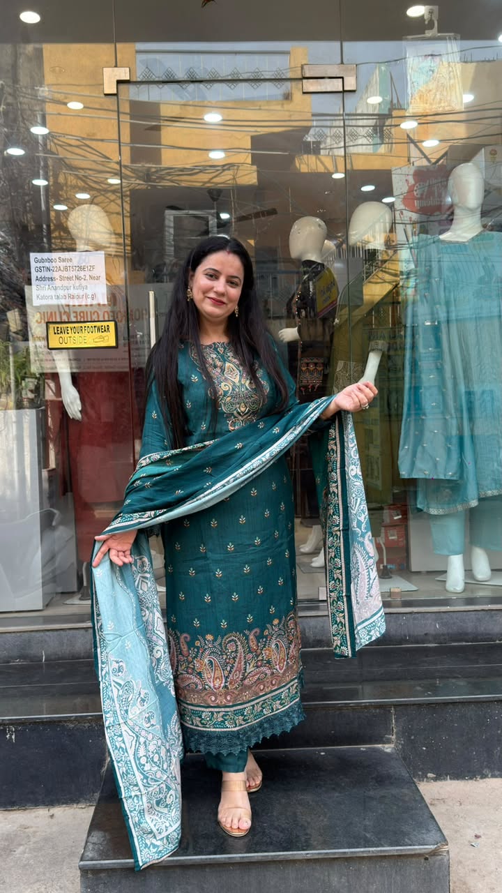 Teal Green Muslin Printed Suit Set