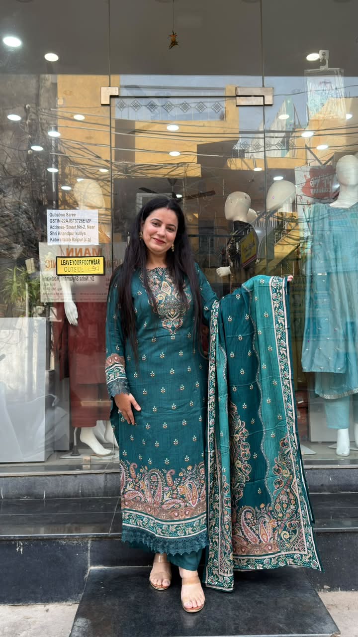 Teal Green Muslin Printed Suit Set