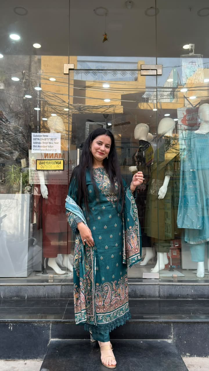 Teal Green Muslin Printed Suit Set