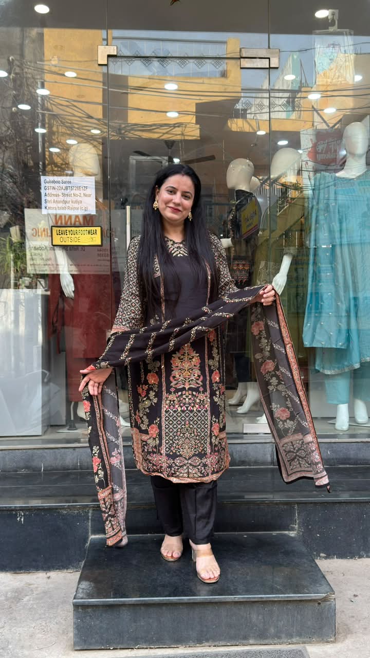 Black Crepe Floral Print Suit Set
