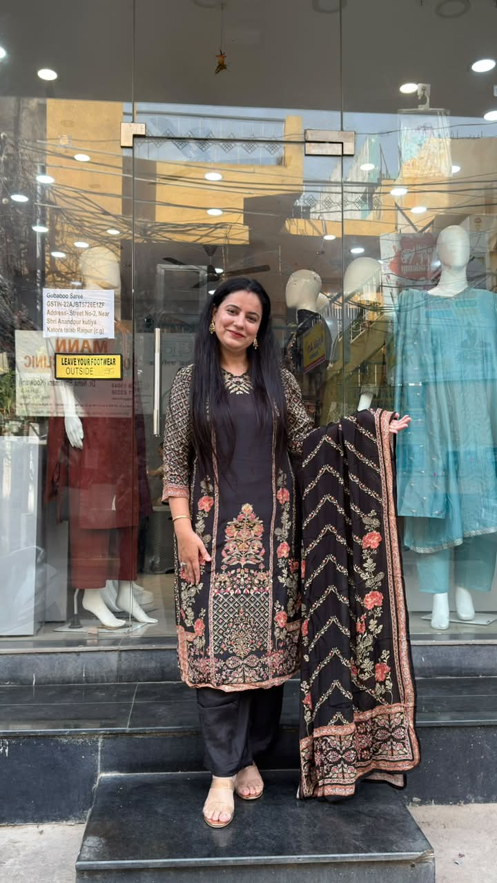 Black Crepe Floral Print Suit Set