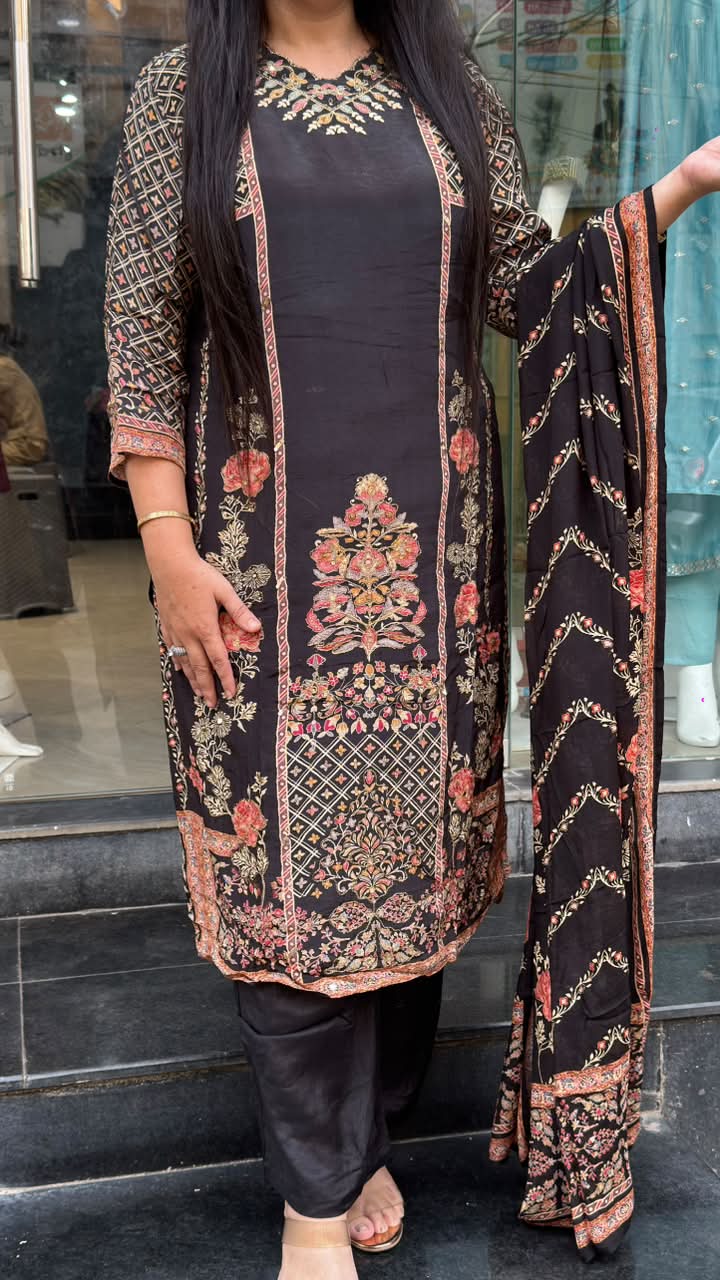 Black Crepe Floral Print Suit Set