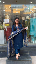 Navy Blue Vichitra Silk Suit Set with Floral Dupatta