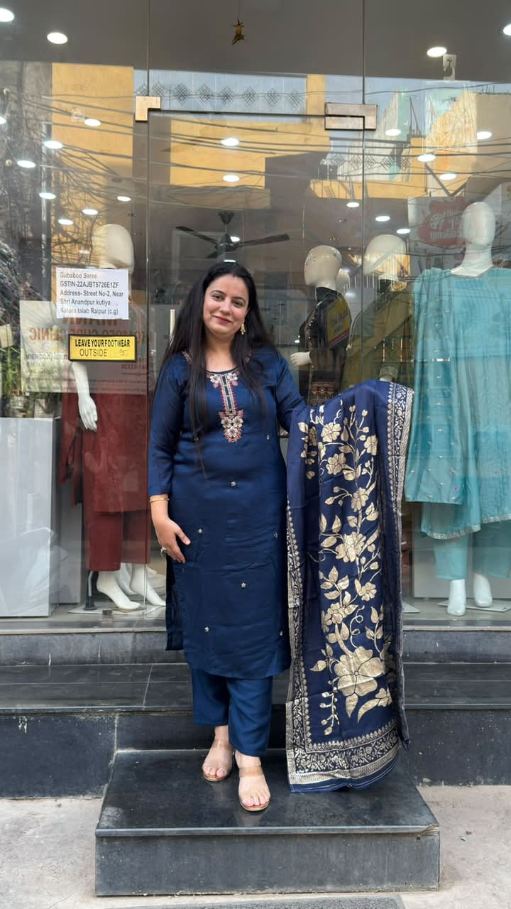 Navy Blue Vichitra Silk Suit Set with Floral Dupatta
