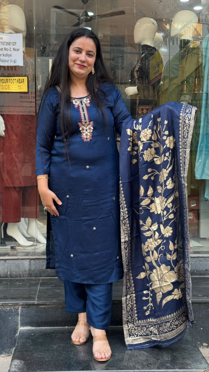 Navy Blue Vichitra Silk Suit Set with Floral Dupatta