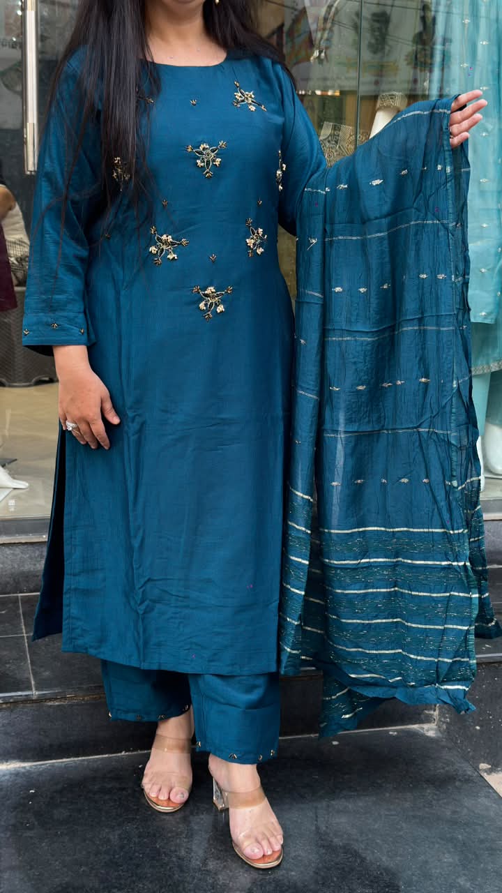 Teal Blue Vichitra Silk Embellished Suit Set