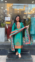 Teal Green Silk Printed Suit Set