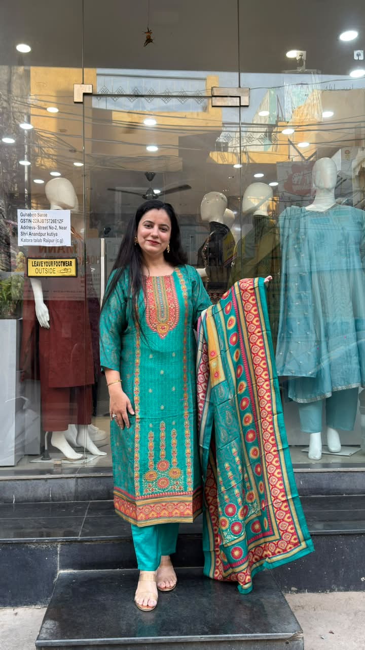 Teal Green Silk Printed Suit Set