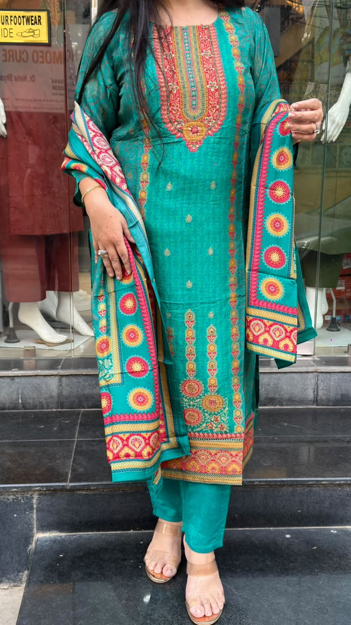 Teal Green Silk Printed Suit Set