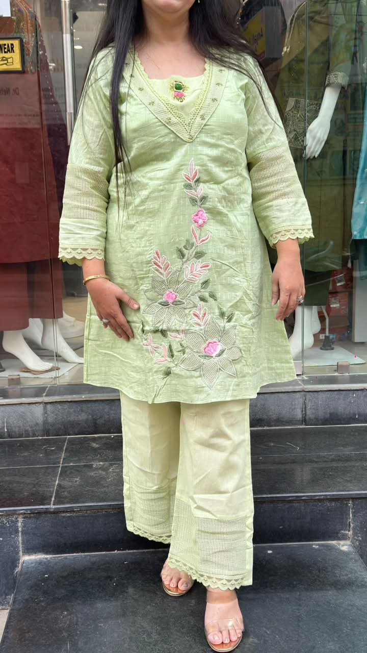 Pistachio Green Cotton Embroidered Co-Ord Set