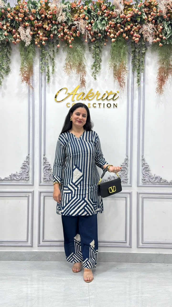 Navy Blue Muslin Printed Co-Ord Set