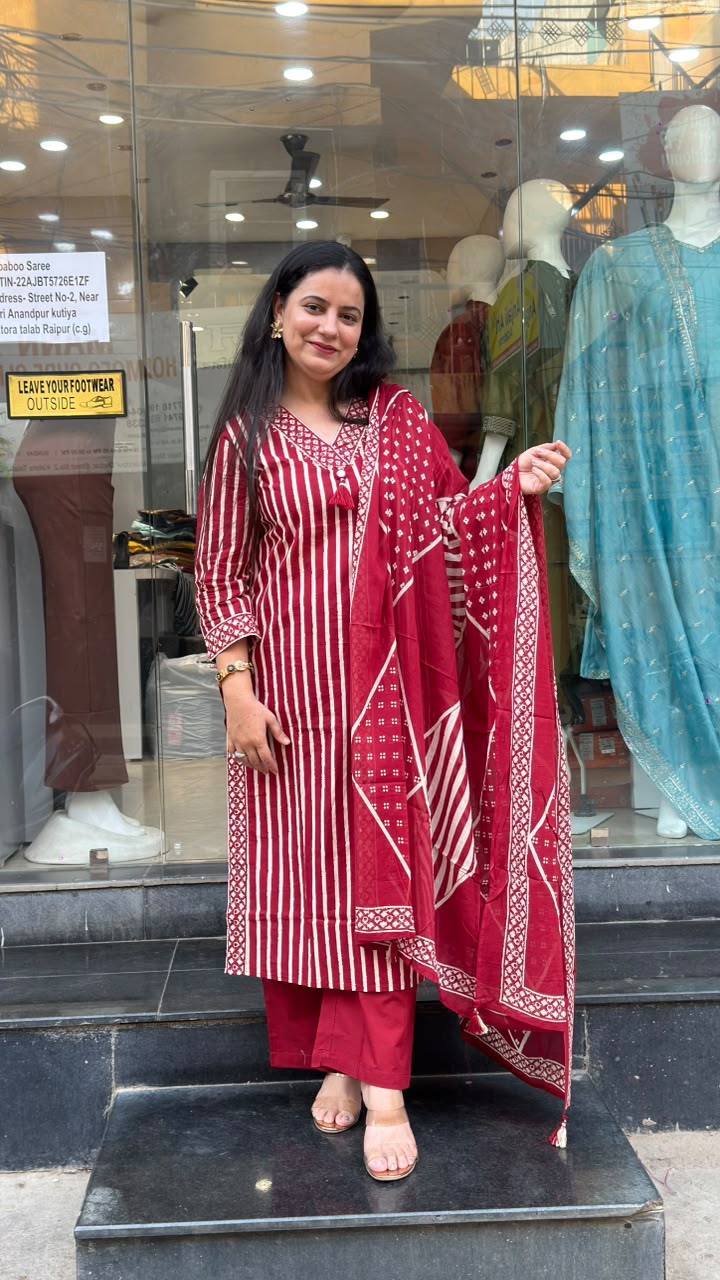 Ruby Red Striped Cotton Suit Set