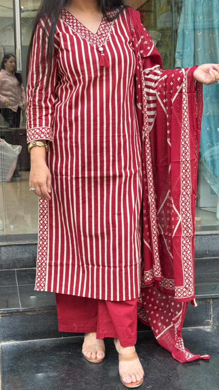 Ruby Red Striped Cotton Suit Set