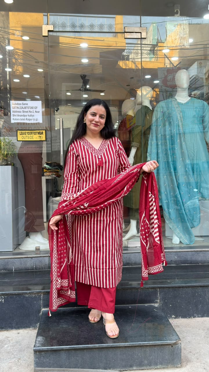 Ruby Red Striped Cotton Suit Set