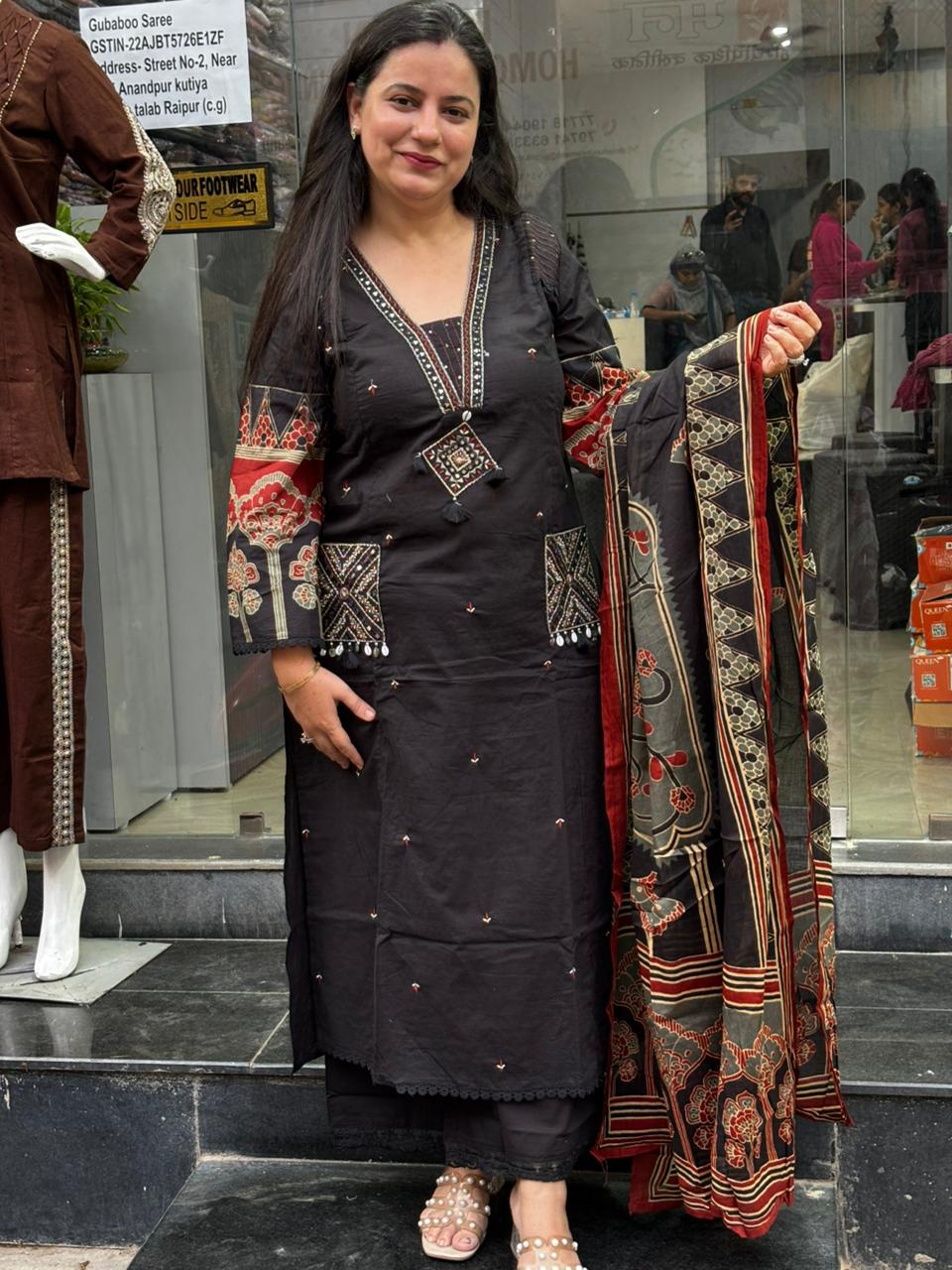 Black Cotton Suit Set with Printed Dupatta