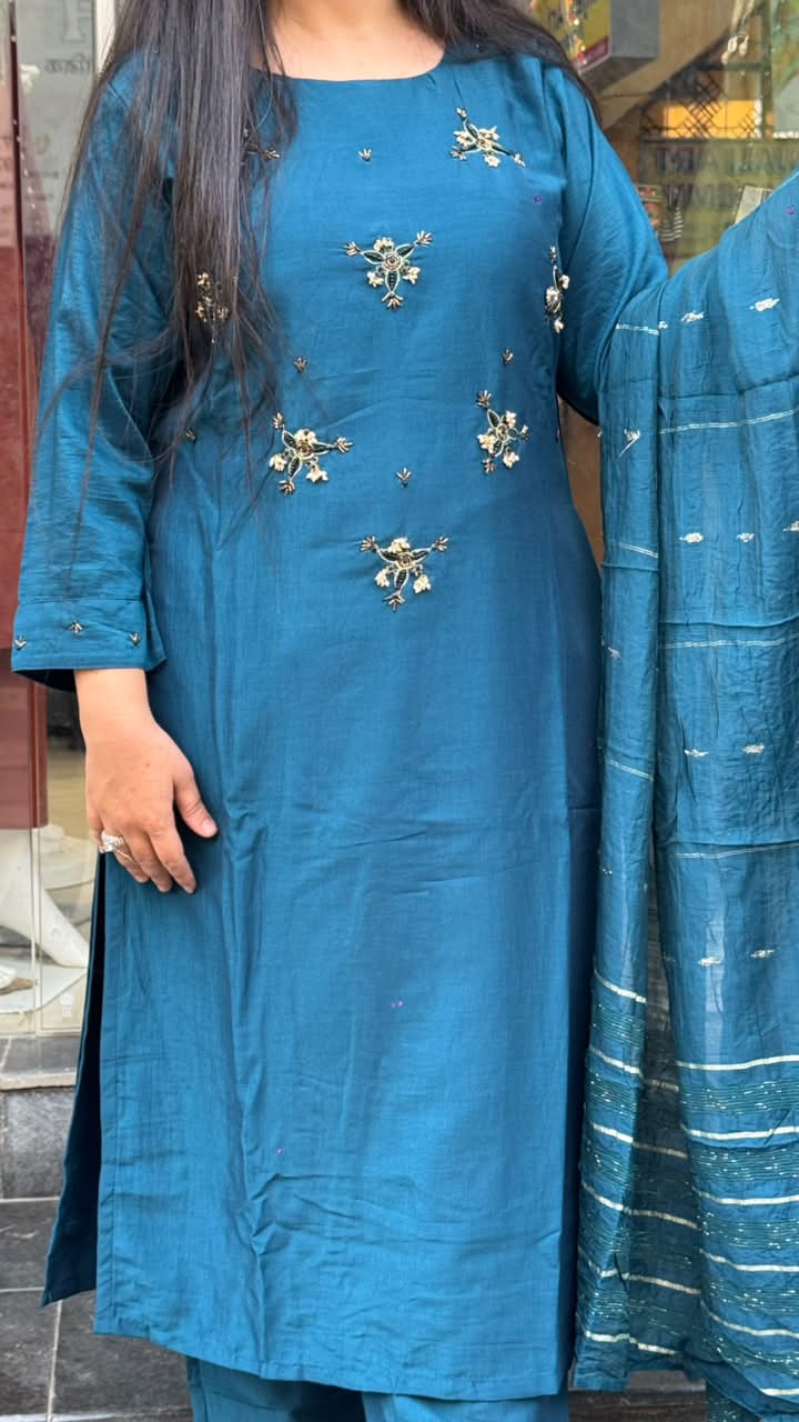 Teal Blue Vichitra Silk Embellished Suit Set