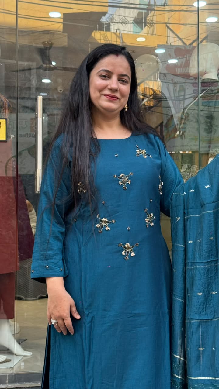 Teal Blue Vichitra Silk Embellished Suit Set